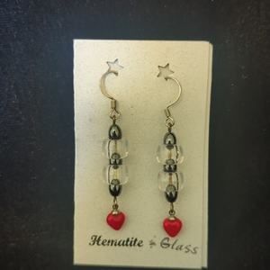 Handmade Hematite & Glass Bead Heart Dangle French Wire Earrings